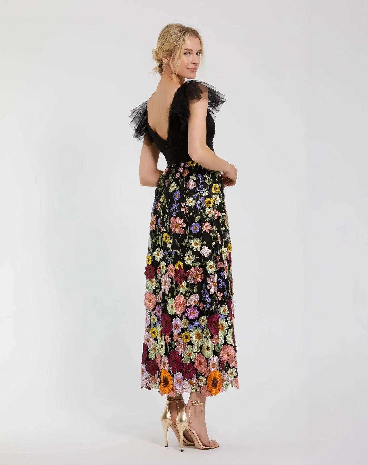 Vestido midi bordado flores- 6 Negro
