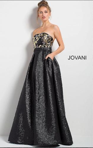 Strapless con bordado dorado tela brocada - 4 negro