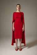 Vestido Rojo Midi con Capa Elegante