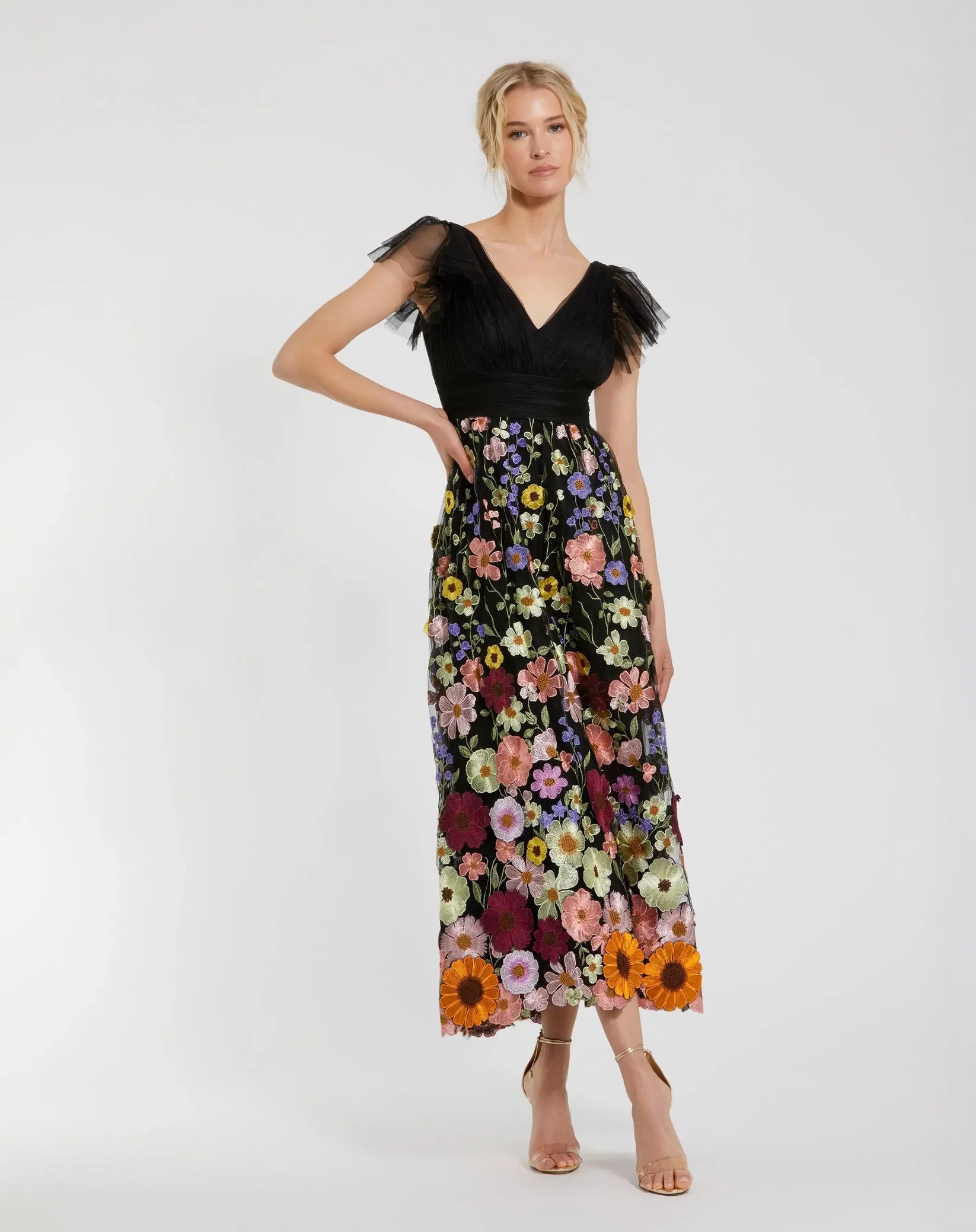 Vestido midi bordado flores- 6 Negro