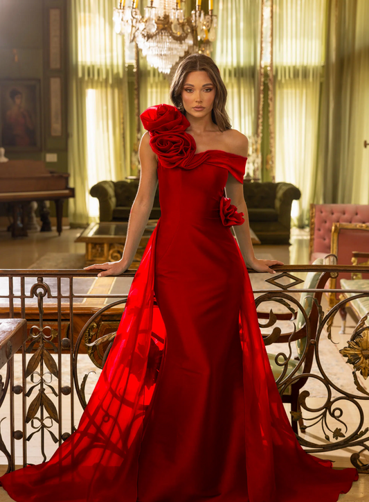 Off Shoulder Strech Asymetric- 8 Red