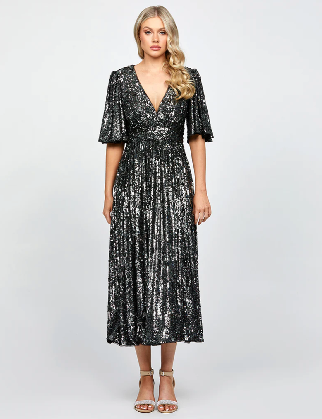 Vestido Midi de Lentejuelas con Mangas Fluidas