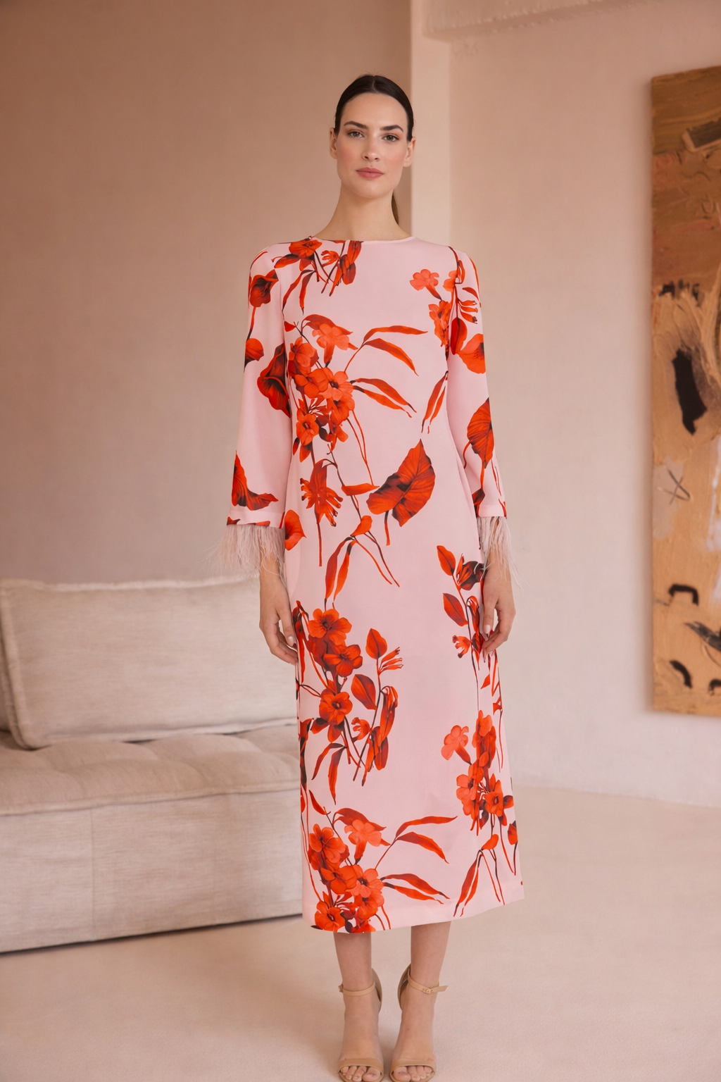 Vestido Recto con Plumas