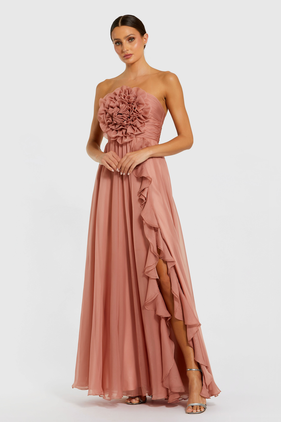 Vestido Strapless Chiffon 3D Flor